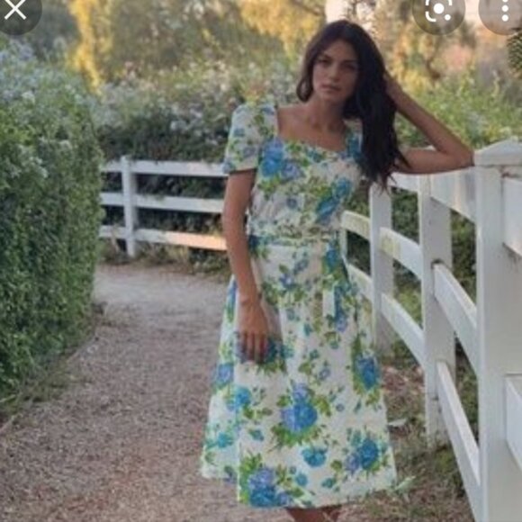 Damaris Bailey Blue Green White Aqua Drop Waist Dress Belt Included Size Medium - Picture 1 of 16